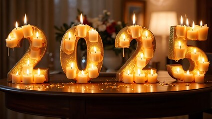 Glowing candles shaped like the numbers 2025 illuminate a table symbolizing the hopeful start of a new year with warm festive light