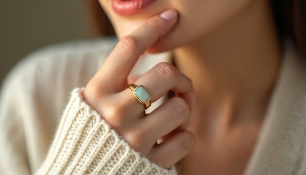 Woman wears elegant gold ring with light blue stone on her finger. Close up shot shows delicate hand with natural skin texture and knitted sweater. Minimalist jewelry accessory for fashion style. - Powered by Adobe