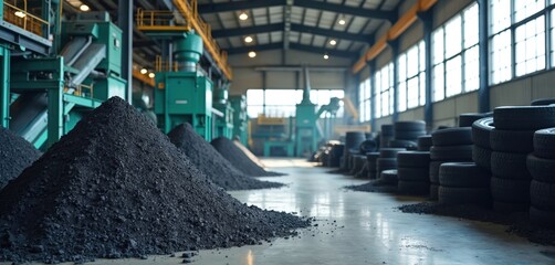 Rubber recycling factory with tire piles. Crumb rubber production line with automated machinery in eco plant. Shredded tires processed for materials reuse. Eco friendly waste management, tire