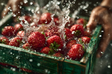 Dynamic close-up of fresh red strawberries splashed with water