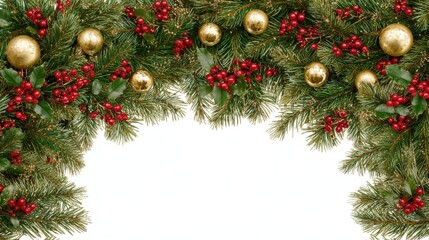 a festive christmas border frame showcases lush pine branches adorned with vibrant red berries and elegant gold ornaments ideal for holiday decor