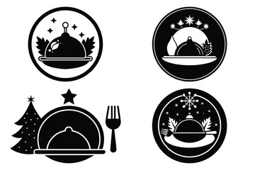 christmas dinner plate icon set, black color and white background