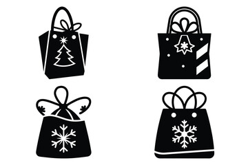 christmas present bag icon set, black color and white background