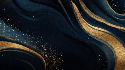 Abstract dark blue background with glittering gold streaks and splatters