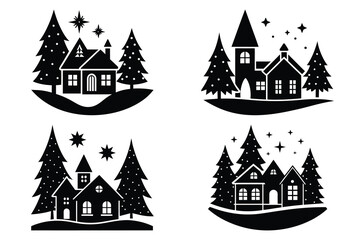 christmas village vector icon set, black color and white background