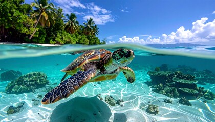 Sea turtle swimming in crystal clear tropical water, split level view with island and palm trees above