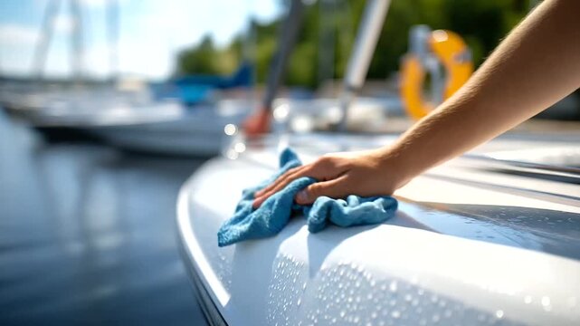 Boat owner's hand with marine grade cloth carefully cleaning and polishing white fiberglass boat hull water droplets visible on surface marina dock and other boats defocused in