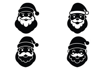 santa claus face icon set, black color and white background