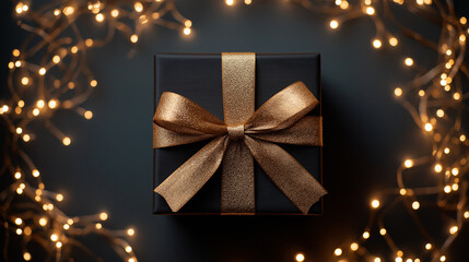 Elegant black gift box with golden ribbon and holiday lights.