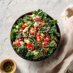 Nutritious Quinoa Salad with Kale Tomatoes and Pomegranate for Healthy Eating and Balanced Diet Benefits Featuring Fresh Herbs and a Light Vinaigrette 