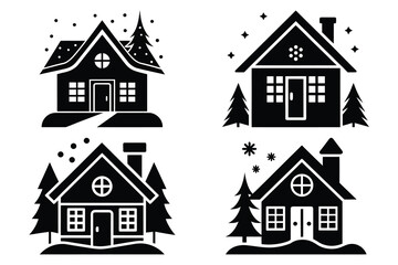 winter house vector icon set, black color and white background
