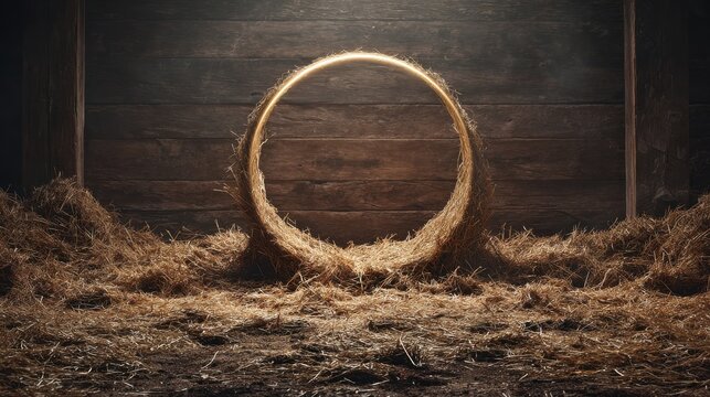 symbolic nativity scene empty wooden manger on straw with soft golden halo