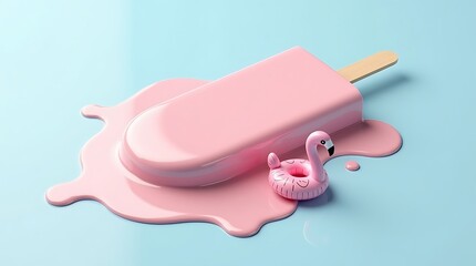 Pink popsicle melting with flamingo float isolated on blue background, summer vibes