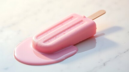 A pink popsicle melting on a white marble surface in a studio setting