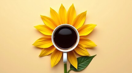 A cup of coffee with sunflower petals on a beige background in studio