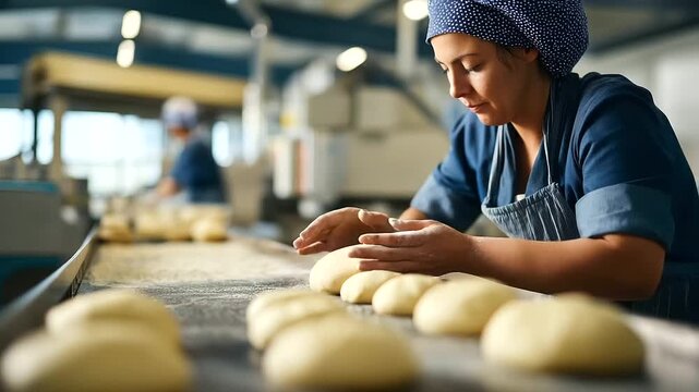 Female baker's flour dusted hands shaping bread dough on industrial production conveyor line rows of formed loaves visible commercial bakery equipment and workers defocused throu