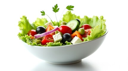 Fresh greek salad in a bowl with vibrant vegetables