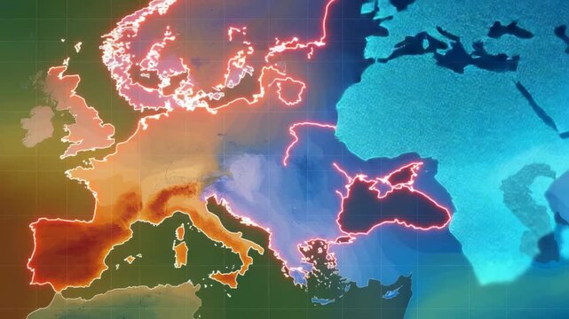 Animated map of europe with color gradients and illuminated borders