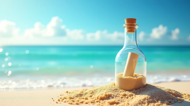 Message in a bottle on a sandy beach with a beautiful ocean backdrop
