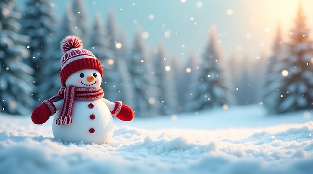 Adorable snowman in a snowy winter wonderland with festive red accessories