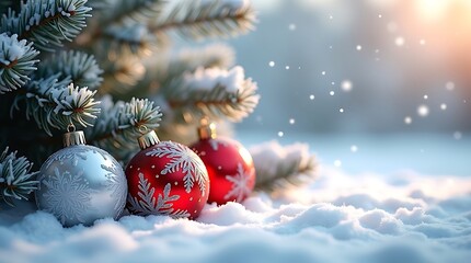 Christmas ornaments on snow covered ground with blurred winter background