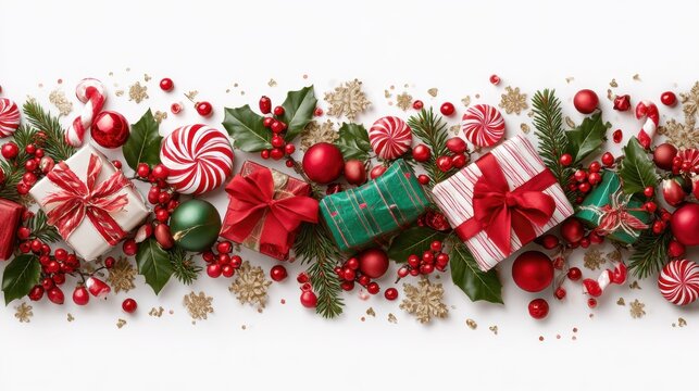 a festive horizontal border featuring scattered christmas elements like wrapped gifts holly candies and bows on a white background - Powered by Adobe