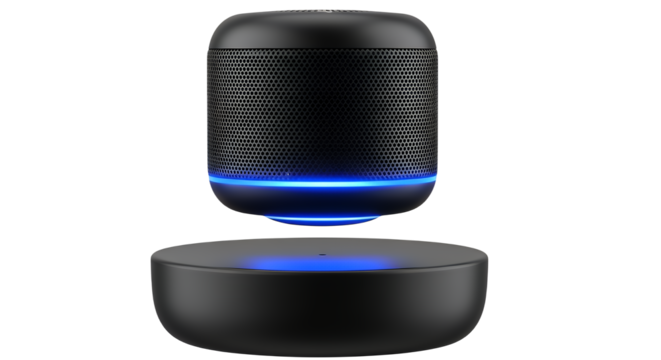 Sleek black levitating wireless speaker, showcasing modern design with a captivating blue light effect, isolated on a clean transparent background