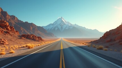 A long road leading to a majestic snow capped mountain under a blue sky
