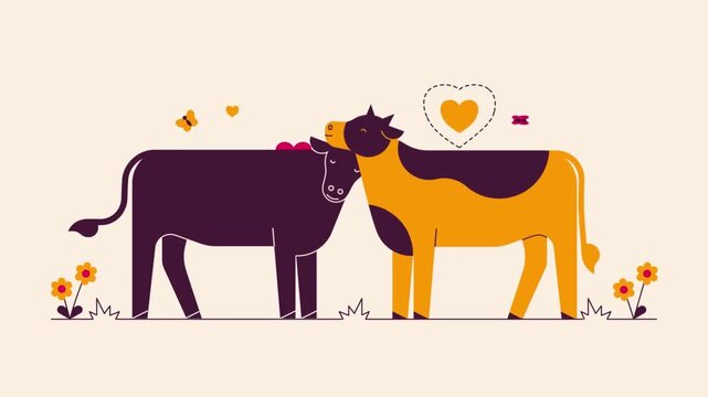 Loving cows cartoon, animated farm animal romance, affection symbol, heart illustration, farm animal friendship