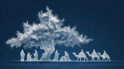 christmas nativity scene depicted as a stylized white tree silhouette against a deep blue background featuring biblical figures and camels
