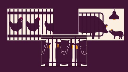 Farm animals in cages, animated animal welfare, factory farming issues, agricultural animal rights illustration