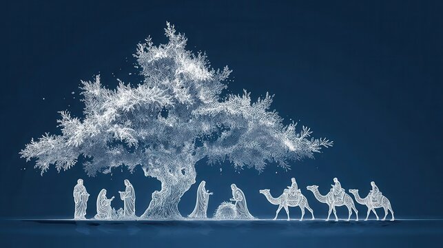 christmas nativity scene depicted as a stylized white tree silhouette against a deep blue background featuring biblical figures and camels