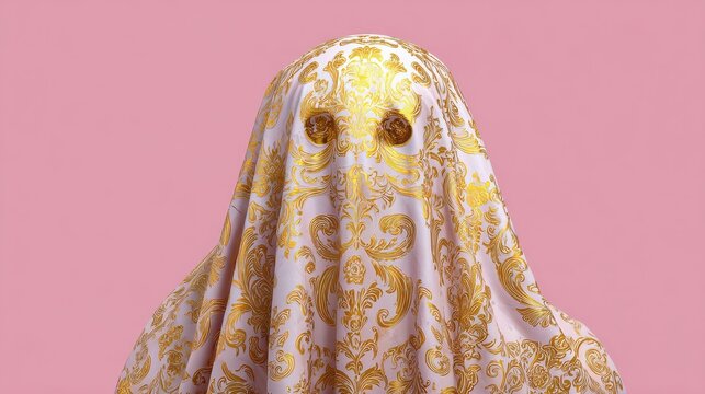 fabric ghost with a golden pattern on light pink background halloween decoration concept or festive holiday greeting card visual for spooky season