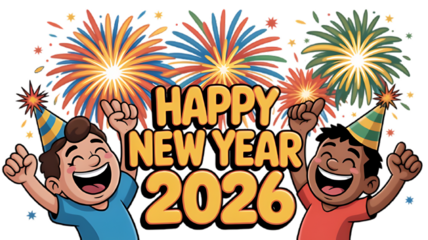 Joyful children celebrate new year 2026 with fireworks