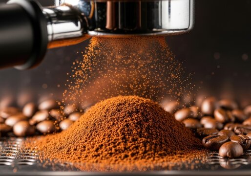 Closeup of freshly ground coffee beans being dispensed from an espresso machine portafilter - Powered by Adobe
