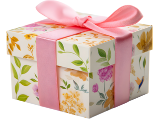 Elegant floral-painted gift box with pink ribbon isolated on transparent background, perfect for feminine and festive projects.