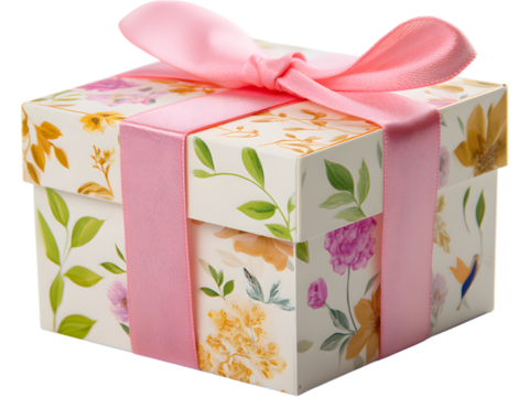 Elegant floral-painted gift box with pink ribbon isolated on transparent background, perfect for feminine and festive projects.