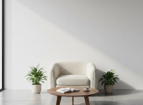 Cozy Reading Nook: Armchair, Coffee Table, Plants, and Sunlight in a Modern Minimalist Interior, Creating a Calm and Relaxing Space. - Powered by Adobe