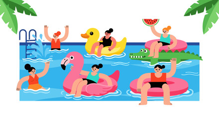 Fototapeta premium Summer Fun: Illustrative Composition Of People Swimming And Enjoying The Pool Time