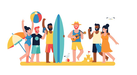 Summer Fun: Friends Enjoying the Beach with Surfboards, Ukulele, and a Vibrant Beach Scene