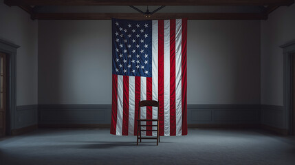 American flag backdrop with vintage chair in empty room patriotic symbol of the united states of america