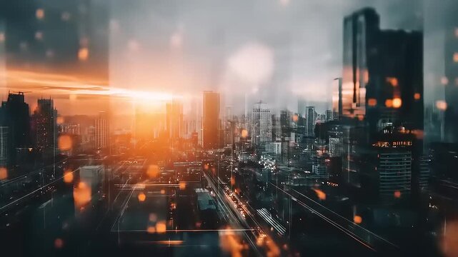 Dynamic urban core with optical effects displays metropolitan expansion and technological enhancement over an illuminated horizon