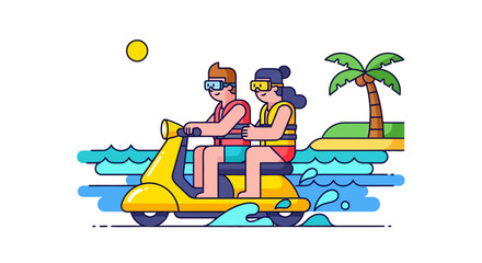 Summer Adventure: Couple Enjoying A Vibrant Jet Ski Ride Near A Tropical Island