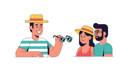Summer Vibes: Happy Traveler Shows Sunglasses to Tourists on Holiday Adventure