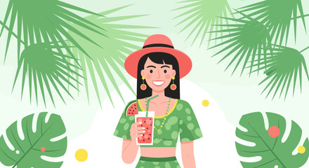 Summer Vibes: Woman Enjoys Drink Amidst Refreshing Tropical Foliage with Style