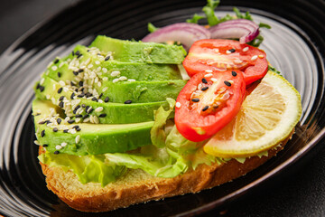 Avocado toast vegetable dish natural product tasty snack fresh delicious gourmet food background on the table rustic top view copy space keto and paleo diet vegan and vegan food