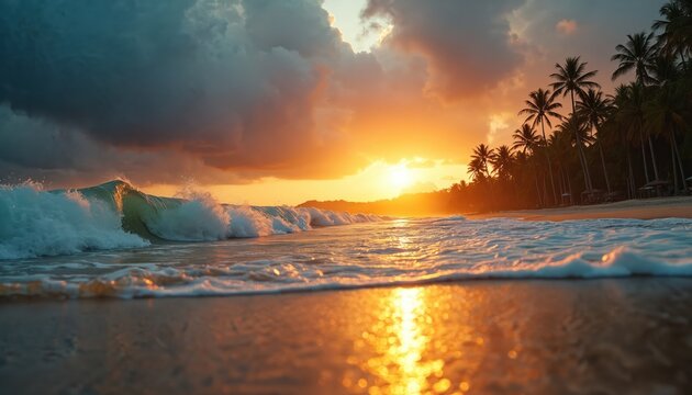Ocean wave crashes onto sandy beach during golden sunset. Palm trees line the tropical shore under dramatic clouds. Warm light reflects on wet sand.