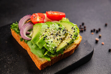 Avocado toast vegetable dish natural product tasty snack fresh delicious gourmet food background on the table rustic top view copy space keto and paleo diet vegan and vegan food