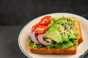 Avocado toast vegetable dish natural product tasty snack fresh delicious gourmet food background on the table rustic top view copy space keto and paleo diet vegan and vegan food