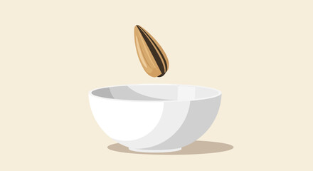 Sunflower Seed Falling Into a White Bowl on a Beige Background, Modern Illustration